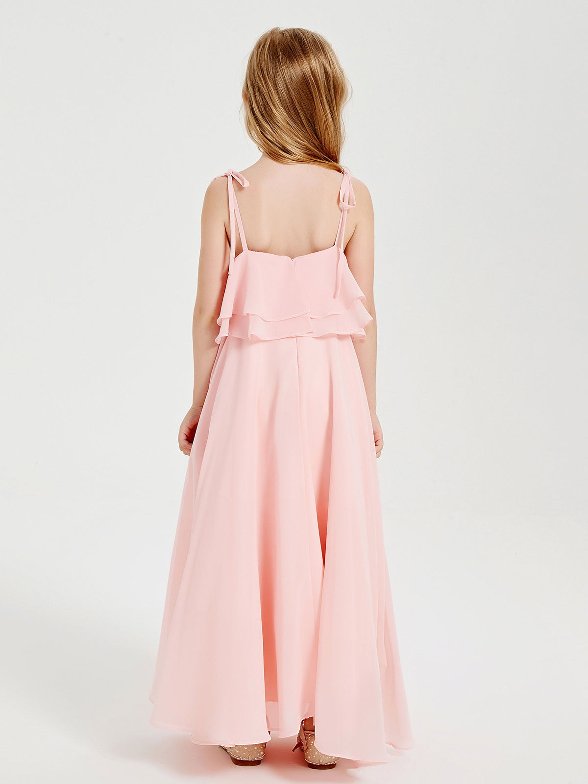 Chiffon Junior Bridesmaid Dresses Long Cascading Skirt Coral